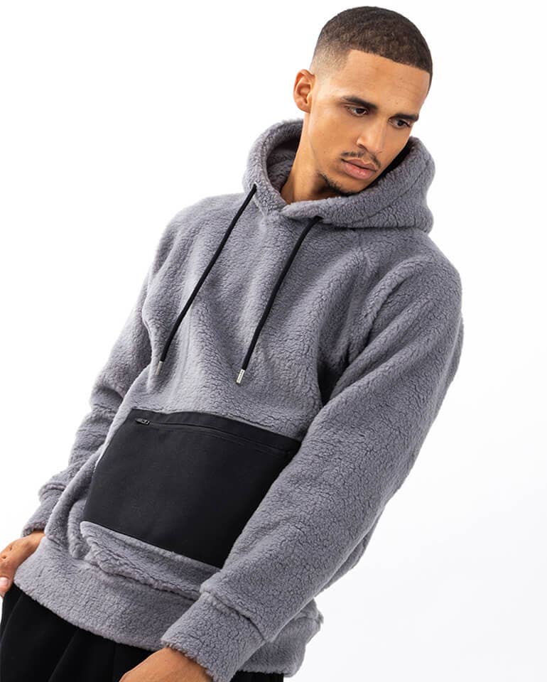 Hoodie Grain gris avec poche en sergé noir